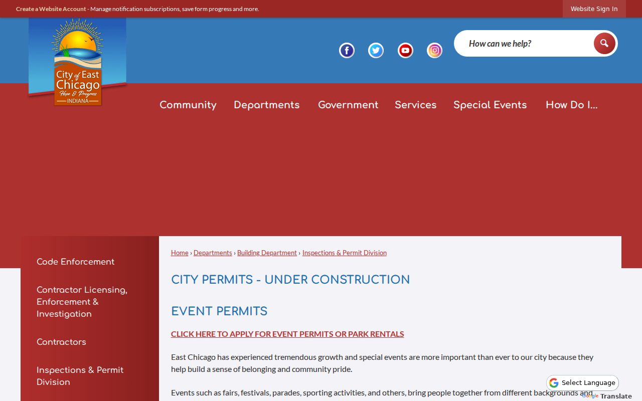 East Chicago Inspections and Permit Division page for address records